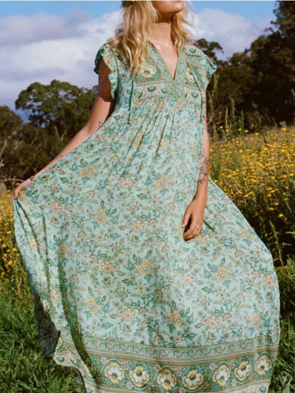 Spell Folk Song Midi Length House Dress in Sage Size XS